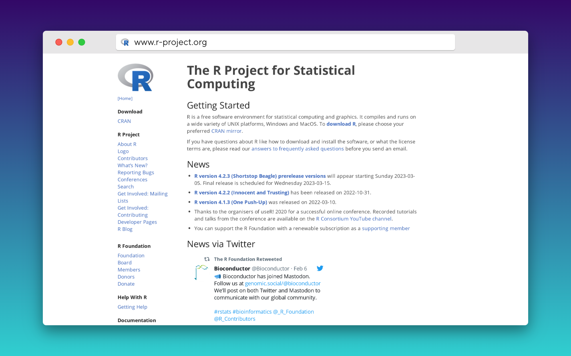 R, open-source data analysis programming language and software environment.